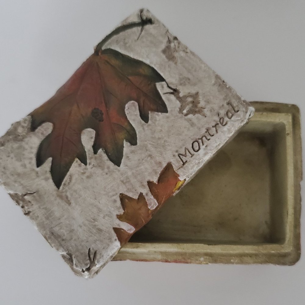 Fall Decor Trinket Box Maple Leaf Design MONTREAL Keepsake Ceramic Lidded Autumn